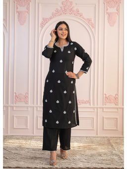 Juniper - Black Floral Embroidered Cotton Slub Kurta & Pant (Set of 2)