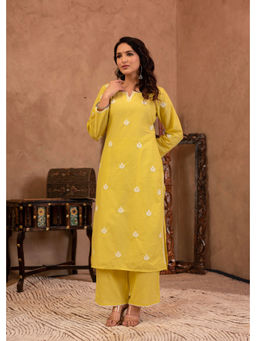 Juniper - Yellow Floral Embroidered Cotton Slub Kurta & Pant (Set of 2)