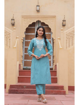 Juniper - Turquoise Embroidered Viscose Kurta & Pant (Set of 2)