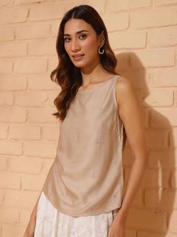 Fabindia - Beige Viscose Silk Embroidered Top