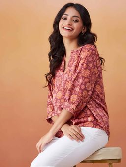 Fabindia - Maroon Rayon Blend Printed Top