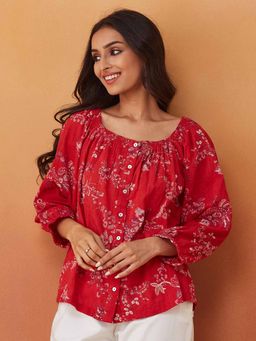 Fabindia - Red Cotton Floral Printed Top