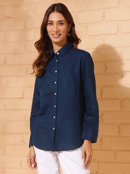 Fabindia - Navy Blue Cotton Solid Regular Shirt