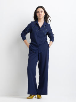 SHAYE - Navy Blue Spread Collar Embroidered Party Co-Ord Set