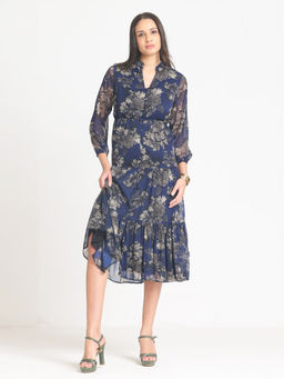 SHAYE - Navy Blue Floral Print Full Sleeves Party Dress