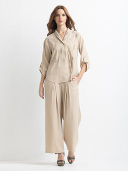 SHAYE - Beige Shawl Collar Embroidered Party Co-Ord Set