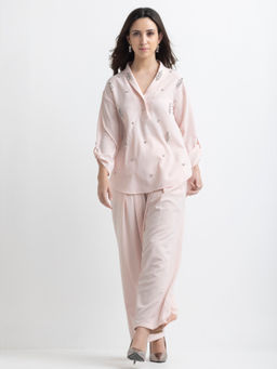SHAYE - Blush Pink Shawl Collar Embroidered Party Co-Ord Set
