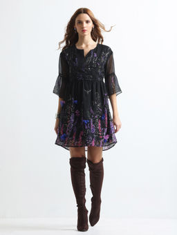 SHAYE - Black Round Neck Printed Three-Quarter Sleeves Party Dresses