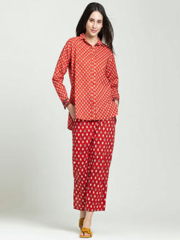 SHAYE - Red Shirt Collar Printed Cotton Casual Co-Ord Set