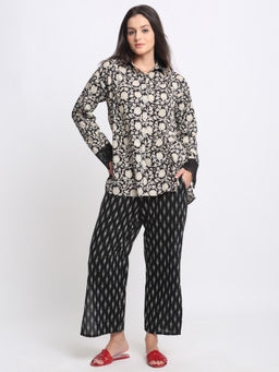SHAYE - Black Spread Collar Printed Cotton Casual Co-Ord Set