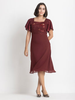 SHAYE - Maroon Square Neck Short Flared Sleeves Party Dress