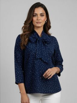 Qurvii - Women Navy Blue Crepe Geometric Top