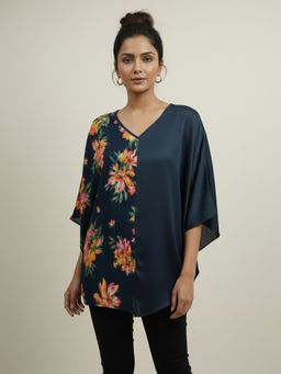 Qurvii - Women Navy Blue Crepe Floral Top
