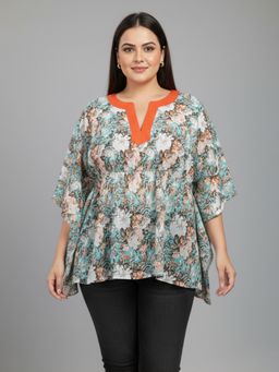 Qurvii - Women Turquoise Crepe Floral Top