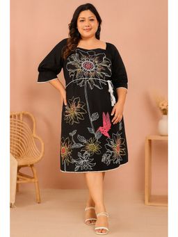 CURVES BY TULSATTVA - Women Black Cotton Floral A-Line Square Neck Dress