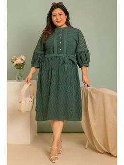CURVES BY TULSATTVA - Women Green Polyester Self Design A-Line Mandarin Neck Dress