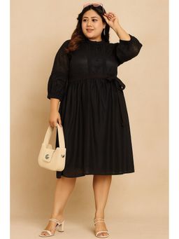 CURVES BY TULSATTVA - Women Black Polyester Self Design Flared Mandarin Neck Dress