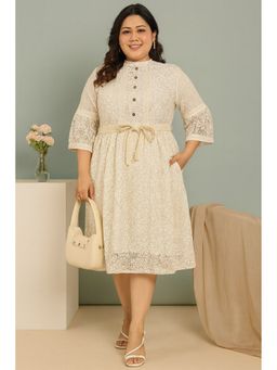 CURVES BY TULSATTVA - Women Cream Cotton Self Design A-Line Mandarin Neck Dress