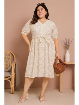 CURVES BY TULSATTVA - Women Cream Cotton Self Design A-Line V-Neck Dress