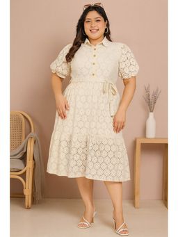 CURVES BY TULSATTVA - Women Cream Cotton Self Design A-Line Collar Neck Dress