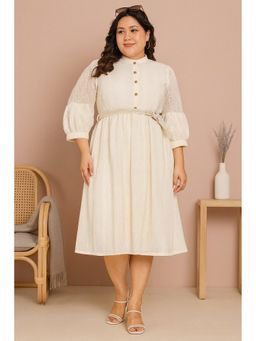 CURVES BY TULSATTVA - Women Cream Polyester Self Design Flared Mandarin Neck Dress