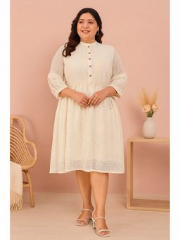 CURVES BY TULSATTVA - Women Cream Polyester Self Design A-Line Mandarin Neck Dress