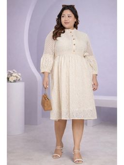 CURVES BY TULSATTVA - Women Off White Cotton Self Design Flared Mandarin Neck Dress