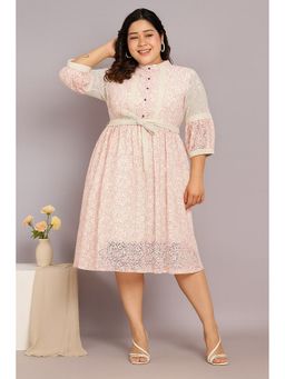 CURVES BY TULSATTVA - Women Pink Cotton Self Design Flared Mandarin Neck Dress