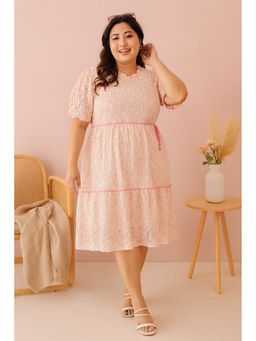 CURVES BY TULSATTVA - Women Pink Cotton Self Design A-Line Round Neck Dress