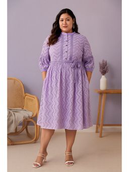 CURVES BY TULSATTVA - Women Purple Schiffli Self Design A-Line Mandarin Neck Dress