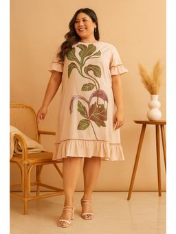 CURVES BY TULSATTVA - Women Nude Cotton Floral A-Line Boat Neck Dress