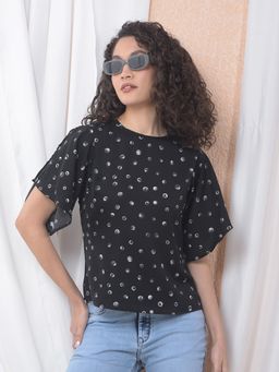 CRIMSOUNE CLUB - Women Black Polyester Polka Dots Top