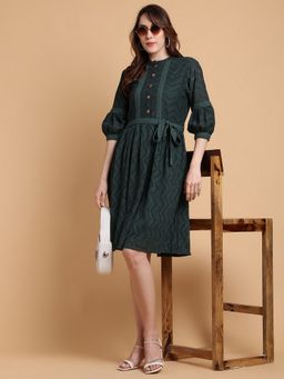 TULSATTVA - Women Green Schiffli Self Design Mandarin Neck Knee Length Dress