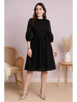 TULSATTVA - Women Black Schiffli Self Design Mandarin Neck Knee Length Dress