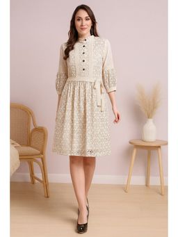 TULSATTVA - Women Cream Schiffli Self Design Mandarin Neck Knee Length Dress