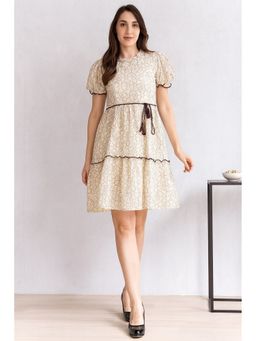 TULSATTVA - Women Off White Schiffli Self Design Ruffled Neck Knee Length Dress