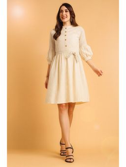 TULSATTVA - Women Cream Schiffli Self Design Mandarin Neck Knee Length Dress