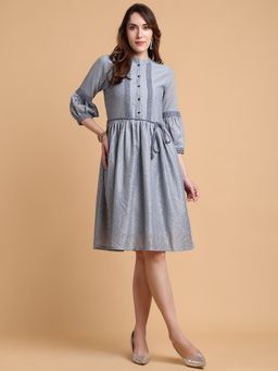 TULSATTVA - Women Grey Polyester Textured Mandarin Neck Knee Length Dress