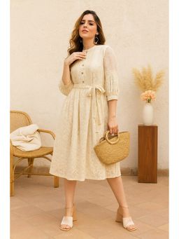 TULSATTVA - Women Off White Schiffli Self Design Mandarin Neck Dress with Belt