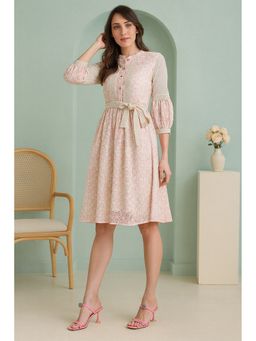 TULSATTVA - Women Pink Schiffli Self Design Mandarin Neck Knee Length Dress