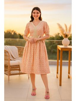 TULSATTVA - Women Pink Schiffli Self Design V-Neck Dress