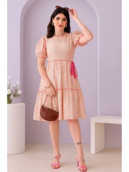 TULSATTVA - Women Pink Schiffli Self Design Ruffled Neck Knee Length Dress