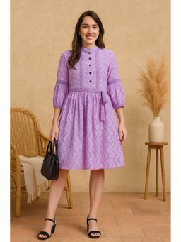 TULSATTVA - Women Purple Schiffli Self Design Mandarin Neck Knee Length Dress
