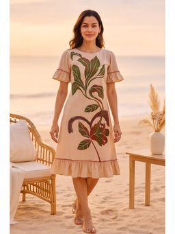 TULSATTVA - Women Nude Cotton Floral Boat Neck Dress