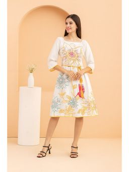 TULSATTVA - Women White Schiffli Floral Square Neck Knee Length Dress
