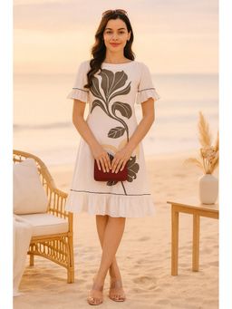 TULSATTVA - Women White Cotton Floral Boat Neck Dress