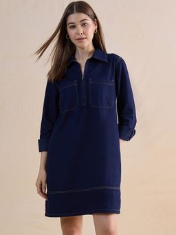 Femmella - Navy Blue Half Zip-Up Denim Dress