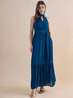 Femmella - Teal Crinkled Halter Neck Dress