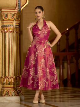 PURVAJA - Women Pink Flared Midi Sleeveless Halter Floral Dress