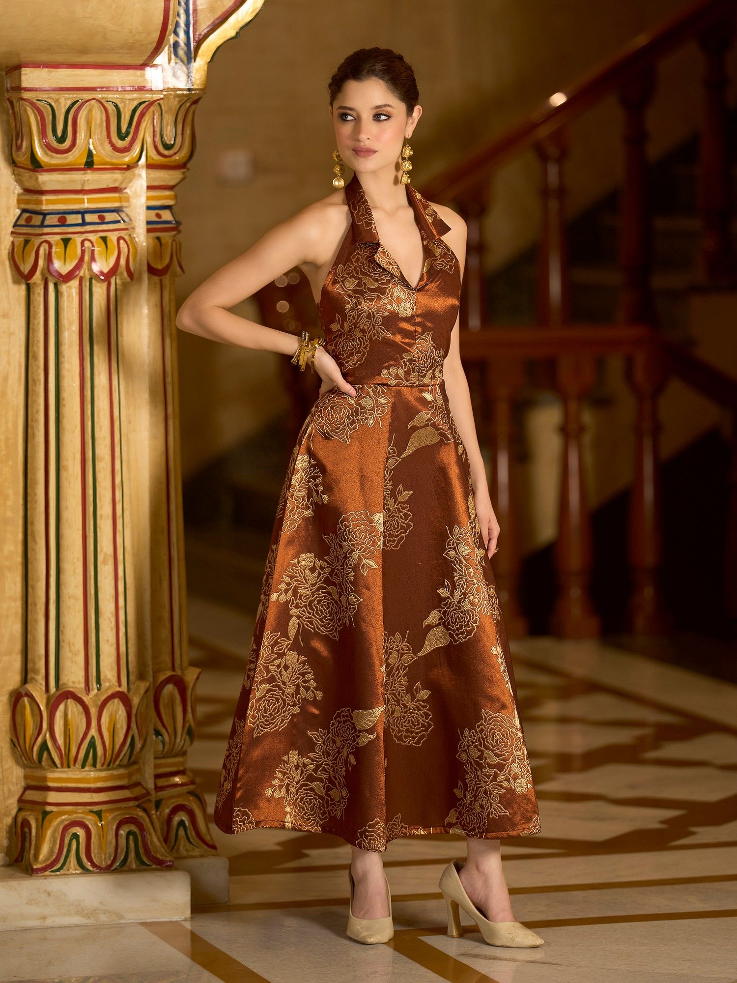 purvaja Women Brown Flared Midi Sleeveless Halter Floral Dress-picture-13